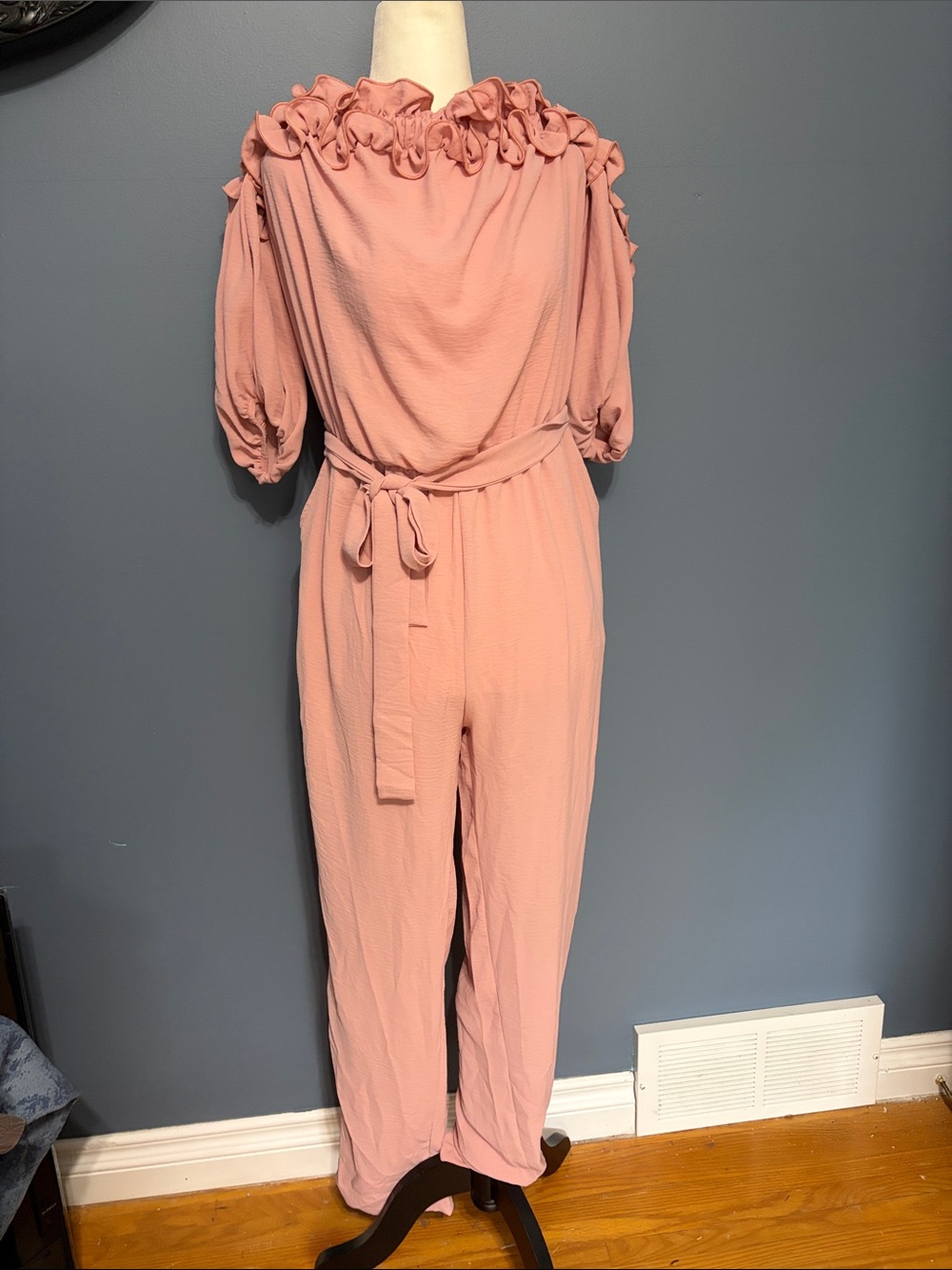 Ruffled Off-Shoulder Dusty Pink Jumpsuit with Tie Waist